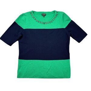 Talbots Sweater Women's Large Green Blue Merino Wool Color Block Short Sleeve